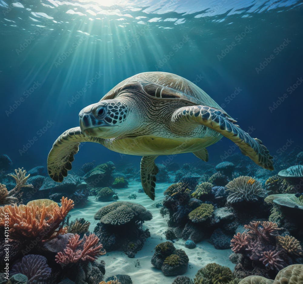 Fototapeta premium Majestic green sea turtle explores a dazzling coral garden in a deep blue ocean , tropical, animal, habitat