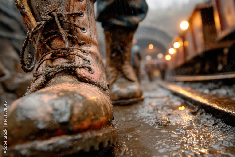 Muddy Work Boots Standing on Railroad Tracks in Rain near Tunnel with Industrial Train Cars Muddy Work Boots Standing on Railroad Tracks in Rain near Tunnel with Industrial Train Cars