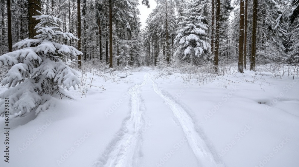 Fototapeta premium Snow-covered path winds through a serene winter forest, footprints in the pristine snow leading deeper into the snowy landscape. : Generative AI