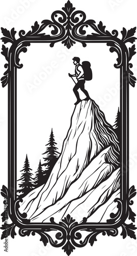 vintage photo frame with a hiking lover silhouette, vintage, vector, illustration, art, design, pattern, frame, decoration, woman, old, drawing, flower, silhouette, symbol, retro, antique, grunge, orn