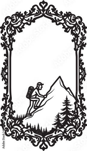 vintage photo frame with a hiking lover silhouette, vintage, vector, illustration, art, design, pattern, frame, decoration, woman, old, drawing, flower, silhouette, symbol, retro, antique, grunge, orn