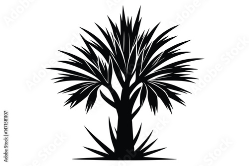 A solitary black silhouette tree displays spiky leaves radiating from its sturdy trunk