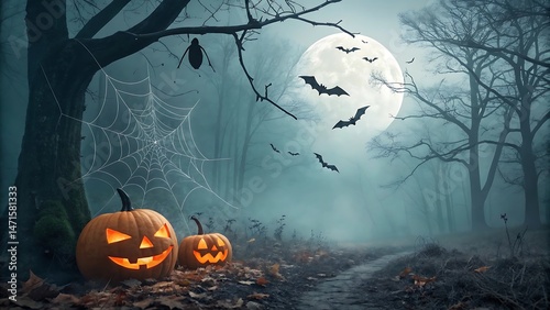 Spooky Halloween Forest with Jack Lanterns and Fog