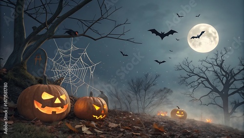 Spooky Halloween Forest with Jack Lanterns and Fog