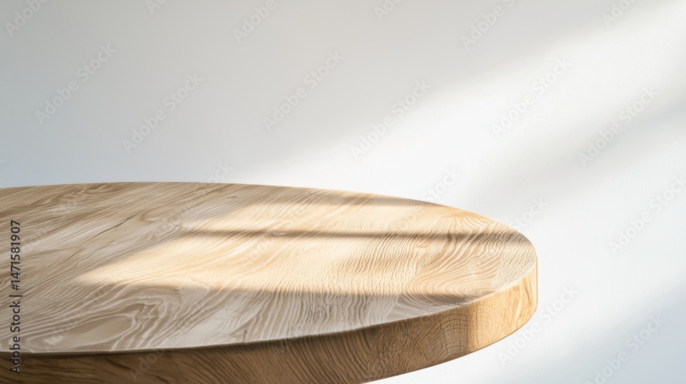Obraz premium Empty round wood table on beige gray wall background. Wooden rustic podium. Oak nature stand product display. Modern minimal cosmetic design