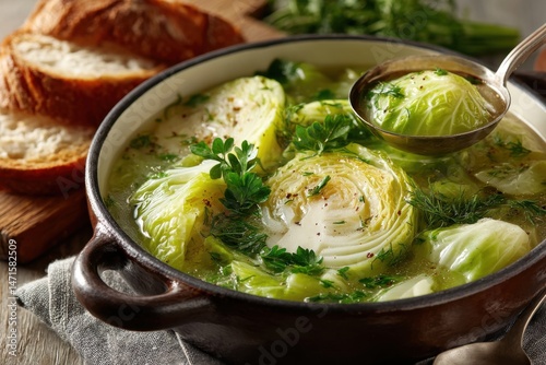 Delicious cabbage soup simmered in rustic pot, portion served with ladle next to crusty sliced bread