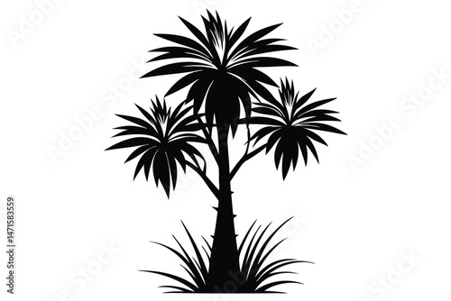 Three leafy palm trees stand together over tropical grasses in a black silhouette