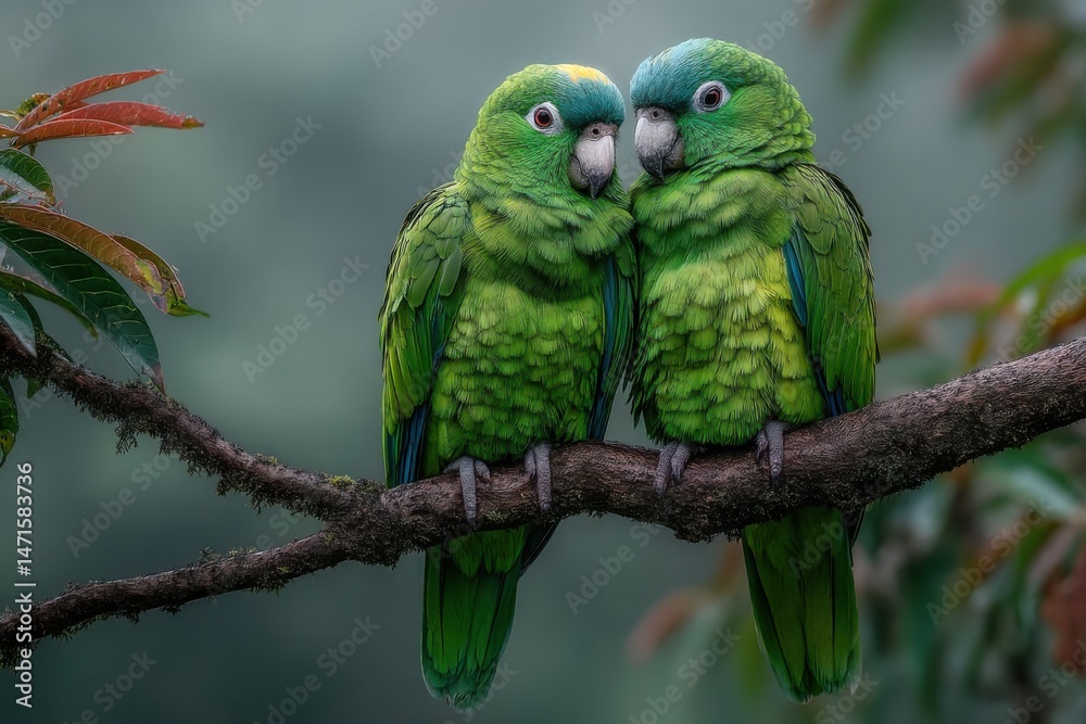 Fototapeta premium Close-up of two striking green parrots perched together on a branch in a lush, soft-focus tropical setting.