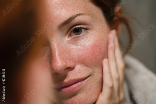 Redhead Woman's Face with Rosacea and Freckles, Natural Skin, Looking at her Reflection in a Mirror, Touch