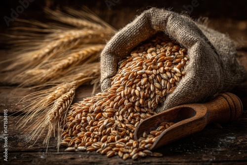 Golden Wheat Grains Overflowing from Burlap Sack with Wooden Scoop and Wheat Stalks on Rustic Wood Surface