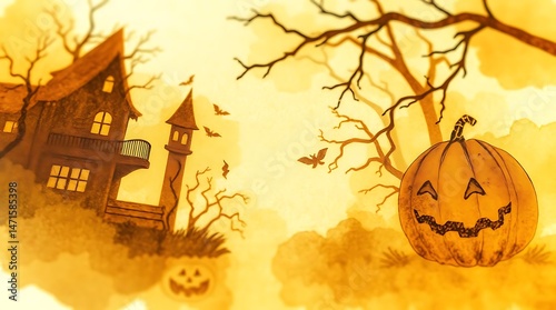 Mysterious Halloween Night with Haunted Home and Pumpkins