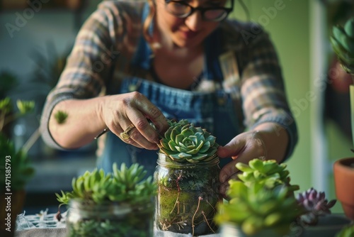 Creative woman making jar planters with succulents, photographed in a delicate composition with a light, feminine aesthetic. DIY plant decor, home gardening, and eco-conscious living.