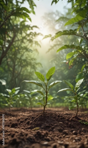 Close-up of thriving coffee plant seedlings, beautiful natural backdrop ,  green,  seedling,  young
