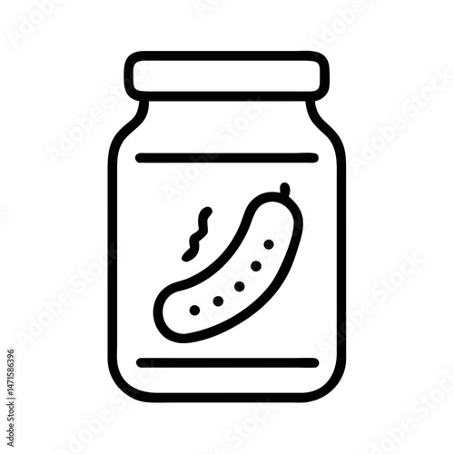 Pickle jar with green label containing a cucumber illustration  