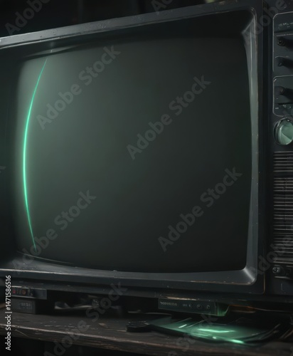 Close-up of vintage CRT screen displaying static  Greenish glow, visible scan lines , vintage tv,  retro technology,  static