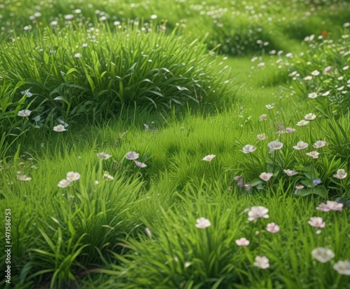 Close-up shot of lush green grass with delicate flowering plants, fresh, field, texture
