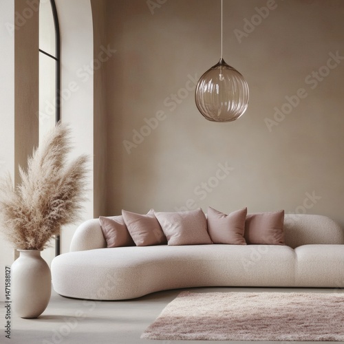 Loft home interior design of modern living room. beige sofa with terra cotta pillows against arched window near stucco wall with copy space.
 photo
