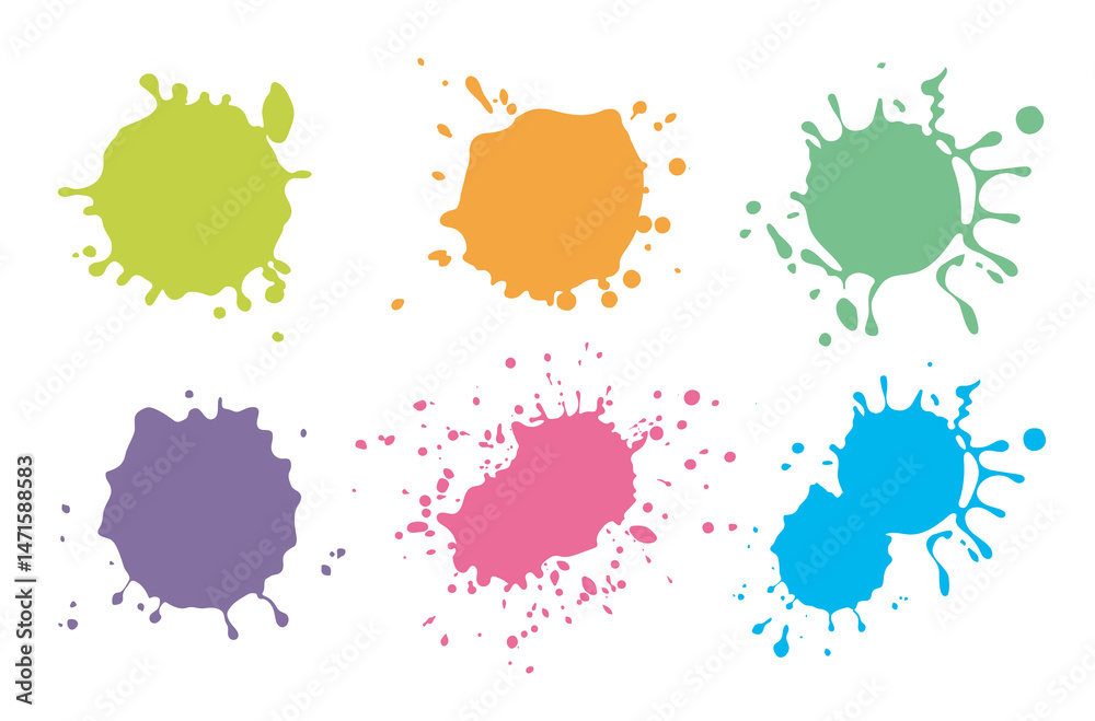 Paint splatter drops. Colorful ink spray, bright paint blots, abstract paint splashes flat vector illustration set. Paint splash isolated on white background. Splash splatter abstract shape.