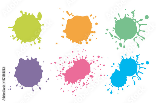 Paint splatter drops. Colorful ink spray, bright paint blots, abstract paint splashes flat vector illustration set. Paint splash isolated on white background. Splash splatter abstract shape.