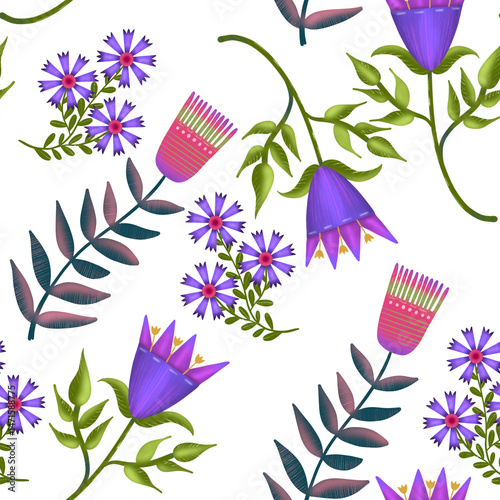 Pattern of watercolor decor flowers with colored pencils
