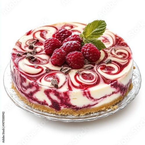 A raspberry white chocolate cheesecake, creamy ivory with swirls of tart raspberry sauce