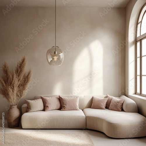 Loft home interior design of modern living room. beige sofa with terra cotta pillows against arched window near stucco wall with copy space.
 photo