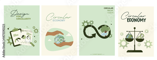 Circular Economy Design Concepts Green Business Illustrations. Collection of posters illustrations depicting circular economy principles. Flat style. Vector illustration
