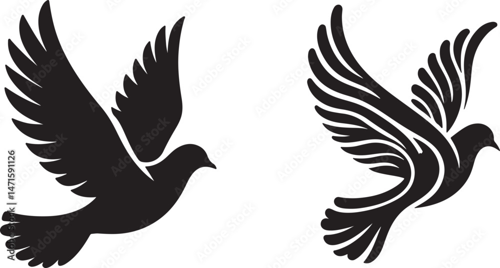 Fototapeta premium Collection of pigeon and dove bird silhouettes in flight and resting positions, suitable for peace concepts, wildlife, spiritual symbols, logos, and decorative graphic design.