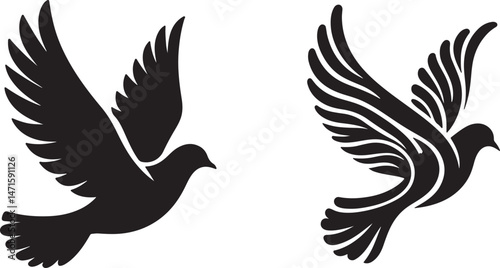 Collection of pigeon and dove bird silhouettes in flight and resting positions, suitable for peace concepts, wildlife, spiritual symbols, logos, and decorative graphic design.