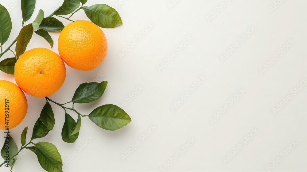 Three Bright Oranges with Green Leaves on White Background Three Bright Oranges with Green Leaves on White Background
