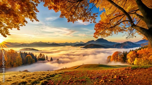 Golden Sunrise Over a Misty Valley in Autumn