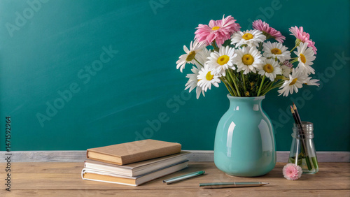 Flowers and books on the table, teachers day concept.