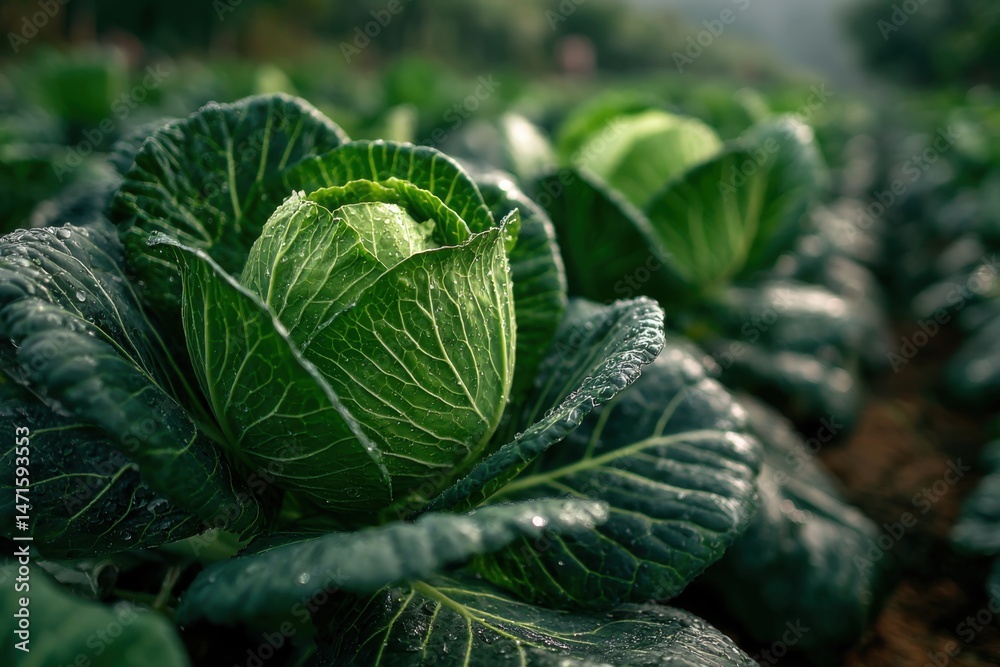 Obraz premium Fresh Green Cabbages Growing in Field Ready for Harvest with Dew Droplets on Leaves and Vegetable Plants