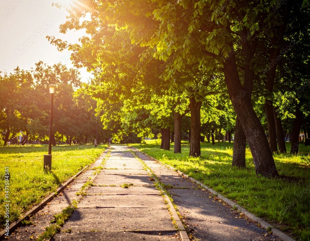 Fototapeta premium Serene Pathway Through Lush Green Trees in a Tranquil Park Setting