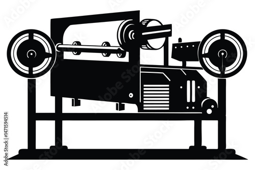 Monochrome machine with dual wheels and multiple gauges is set against a stark white backdrop