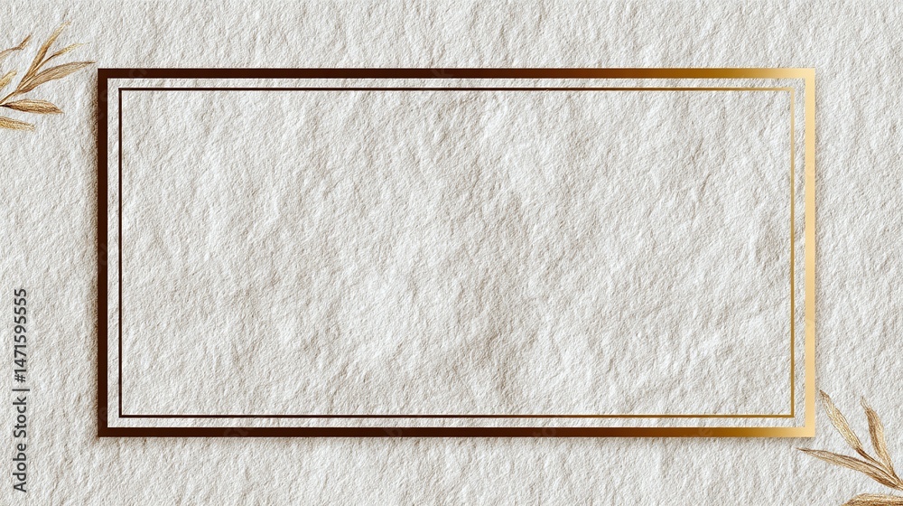 Fototapeta premium Golden rectangle frame on textured beige background with dried floral accents.