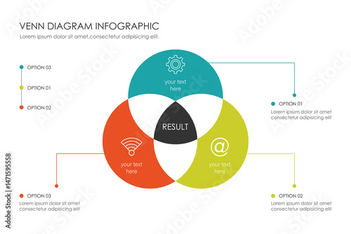 Venn diagram infographic chart template for business 3, 4, 6 parts, options, presentation with venn diagram elements vector illustration.