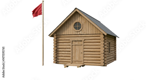 Isolated Log Cabin with Flag