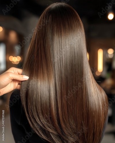 Glossy brunette hair with subtle highlights in salon setting showing professional keratin straightening treatment with stylist hand demonstrating silky smooth texture.