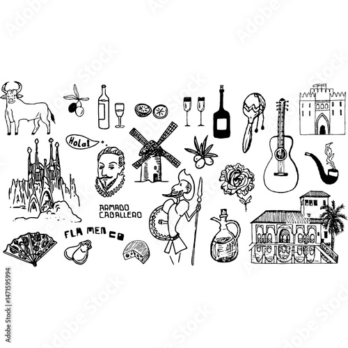 hand-drawn spanish cultural icons including flamenco dancer, bull, guitar, windmill, wine, and traditional architecture, perfect for artistic, cultural, or travel-themed projects.