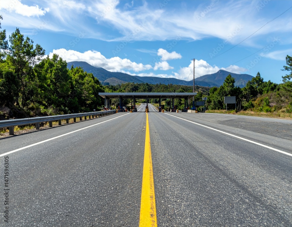 Fototapeta premium Scenic Roadway with Toll Booth Surrounded by Lush Greenery and Mountains