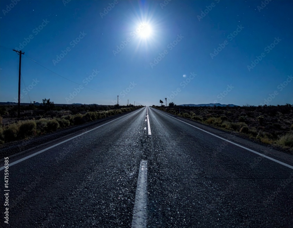 Fototapeta premium Serene Desert Road Under Bright Moonlight at Nighttime