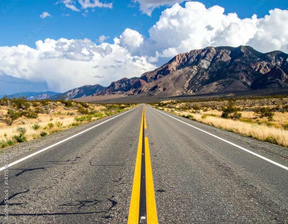 Fototapeta premium Scenic Highway View with Mountains and Blue Sky in Background