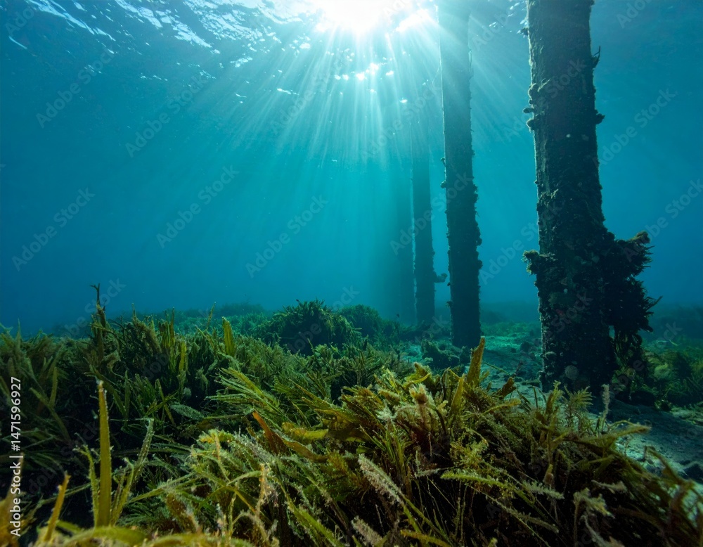 Obraz premium Underwater Scene with Sun Rays and Aquatic Plants in Ocean Depths