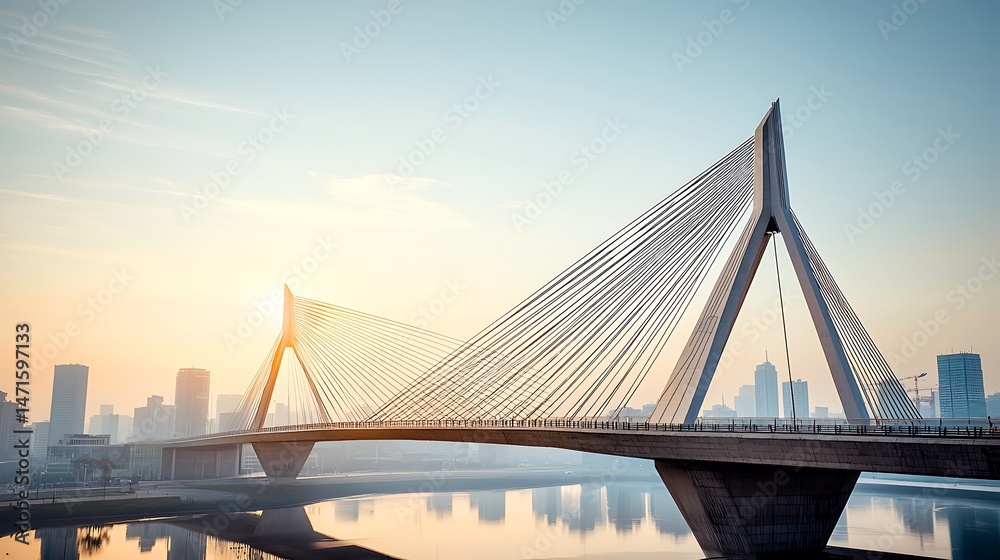 Fototapeta premium Modern cable-stayed bridge over a calm river at sunrise