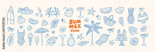 Summer vacation doodle illustration set. Beach and sea travel elements. Hand drawn palm tree, fruit, lobster, seafood, shell, bikini, cocktail. Coastal collection for card, prints, wedding invitation.