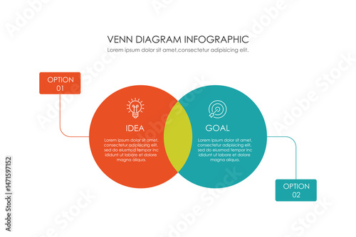Venn diagram infographic chart template for business 3, 4, 6 parts, options, presentation with venn diagram elements vector illustration.