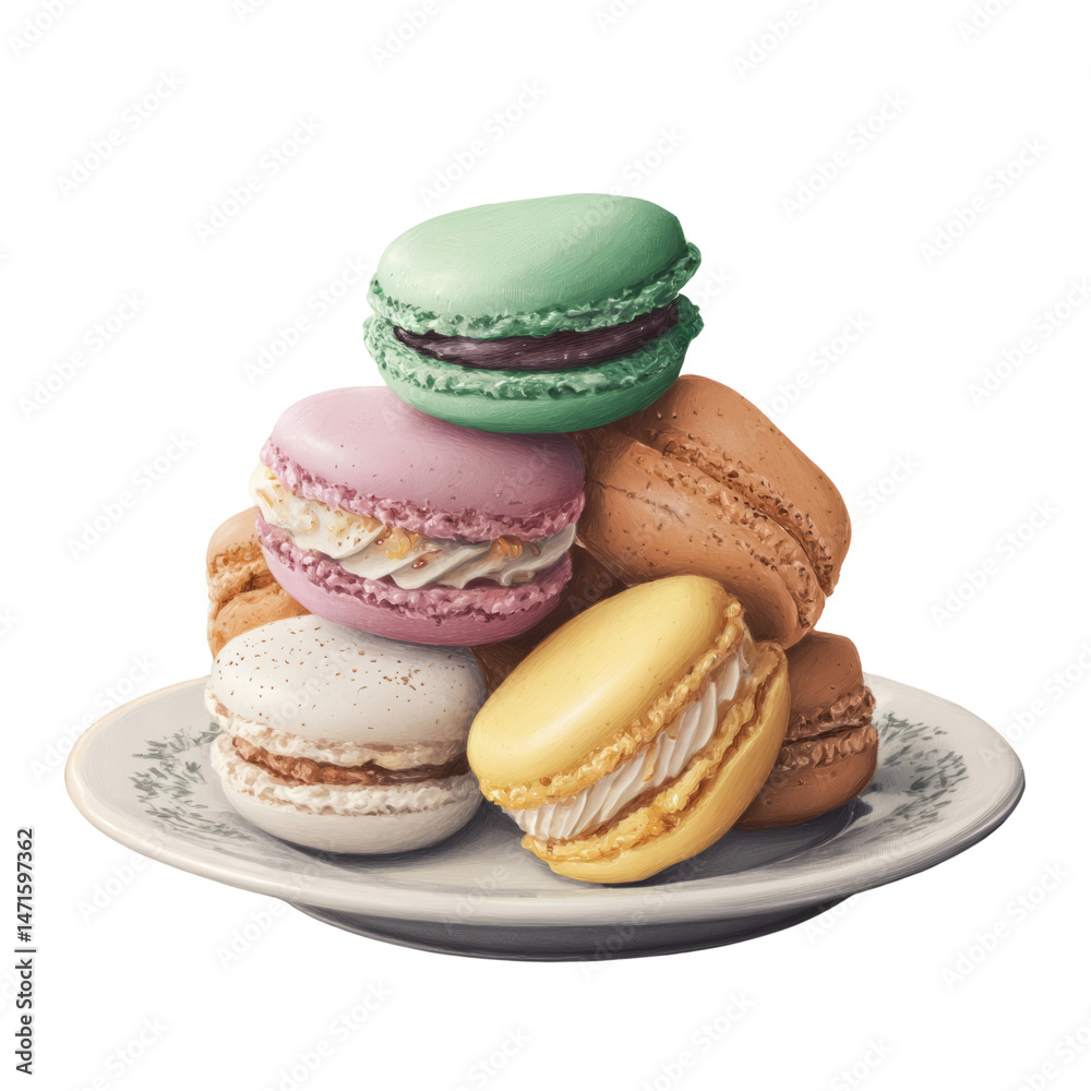 Fototapeta premium Delicious macarons on plate bakery food photography transparent background close-up view