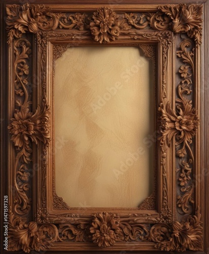 Deeply carved wooden frame with floral motifs encloses antique scroll; ethereal glow , shadow, ethereal