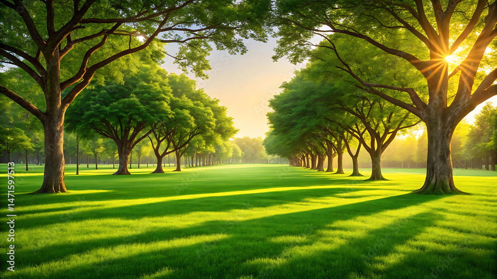 Fototapeta premium Beautiful green park avenue lined with trees and bright sunlight illuminating the grass